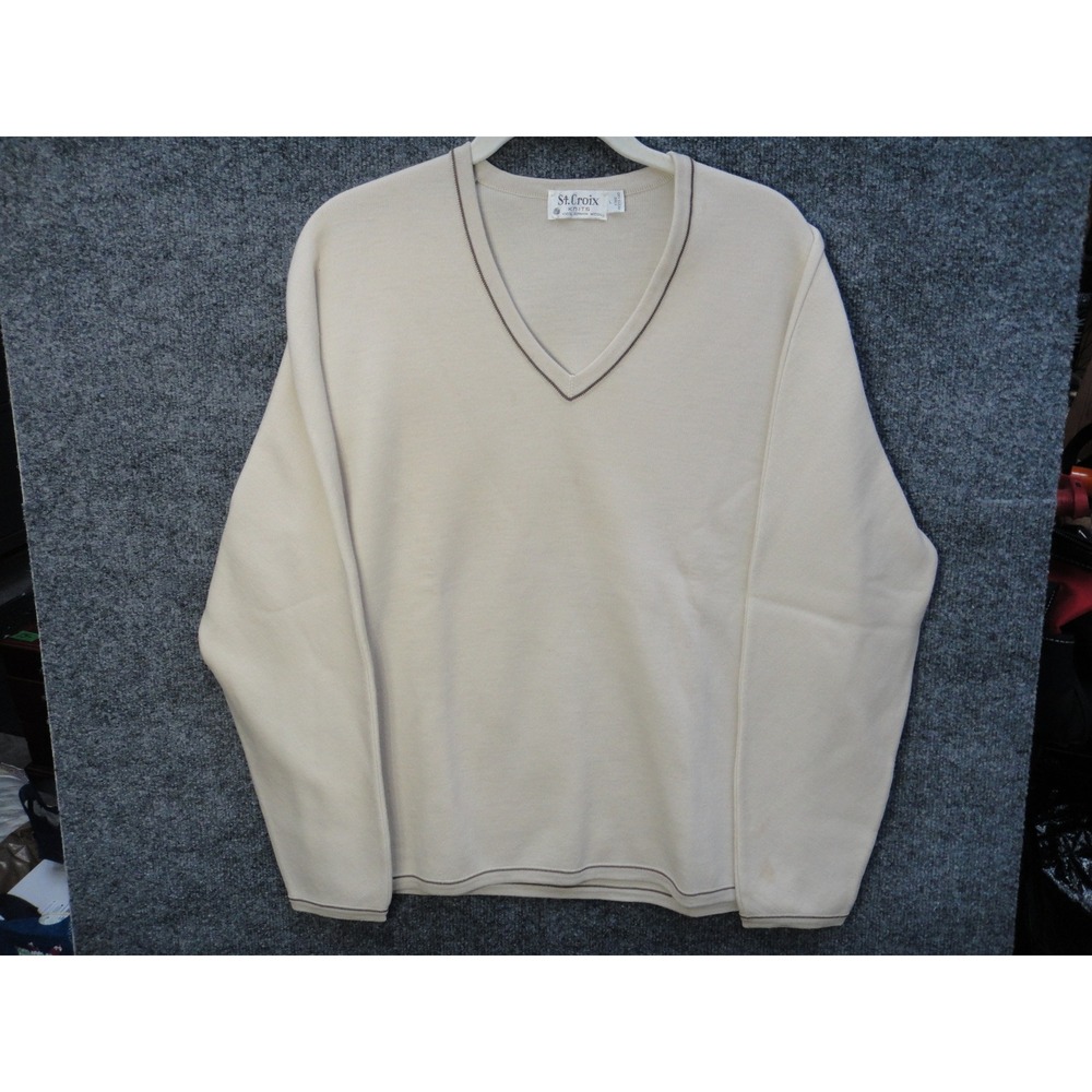 St. Croix Knits Men's Cream 100% Zephyr Wool V-Neck Sweater Size Large USA Made